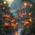 the water has many lanterns in it near buildings and trees