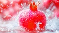 water splashing on red pomegranate fruit with flower petals Royalty Free Stock Photo