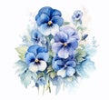 AI generated illustration of a watercolor of a bouquet of fresh blue pansies