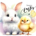 AI generated illustration of a watercolor of an easter rabbit and a playful yellow chick Royalty Free Stock Photo