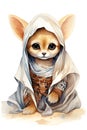 AI generated illustration of a watercolor illustration of a felidae wearing a cape and hood