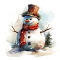 AI generated illustration of a watercolor painting of asnowman wearing a winter hat and scarf