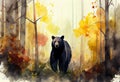 AI generated illustration of a watercolor painting of a bear walking through a tranquil woodland