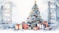 AI generated illustration of a watercolor painting of a Christmas tree decorated with presents Royalty Free Stock Photo