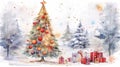 AI generated illustration of a watercolor painting of a Christmas tree decorated with presents Royalty Free Stock Photo