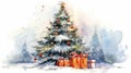 AI generated illustration of a watercolor painting of a Christmas tree decorated with presents Royalty Free Stock Photo