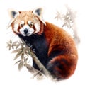 AI-generated illustration of a watercolor painting of a cute red panda perched on a tree branch.