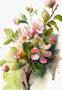 AI generated illustration of a watercolor painting of delicate apple blossoms on empty background