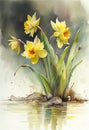 AI generated illustration of a watercolor painting of delicate dafodils on empty background Royalty Free Stock Photo
