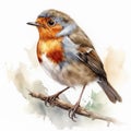 AI generated illustration of a watercolor painting of a European robin bird perched on a branch Royalty Free Stock Photo