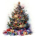 AI generated illustration of a watercolor painting of a Christmas tree adorned with wrapped presents Royalty Free Stock Photo