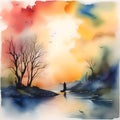 AI generated illustration of a watercolor painting of a fisherman fishing in a boat