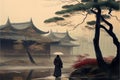 AI-generated illustration of a watercolor painting of  a man walking by an ancient Asian temple Royalty Free Stock Photo