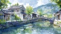 AI generated illustration of a watercolor painting of a river with buildings