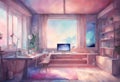 AI generated illustration of a watercolor of a stylish interior space with a contemporary desk