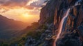 AI generated illustration of a waterfall cascading down the rocky mountainside at sunset Royalty Free Stock Photo