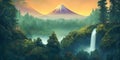 AI generated illustration of waterfall in the forest and rocky mountains Royalty Free Stock Photo