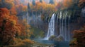 AI generated illustration of A waterfall is showcased amidst a vibrant display of autumn colors