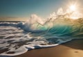 AI generated illustration of a wave during a magnificent sunset on a sandy beach