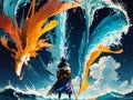 AI generated illustration of waves of fire and water rising high from the ocean with a man standing at the shores