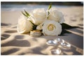 AI generated illustration of wedding rings lying on a sandy beach near a bouquet of white roses Royalty Free Stock Photo