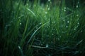 AI generated illustration of a wet grassy field, with dew drops  on the tips of the grass blades Royalty Free Stock Photo
