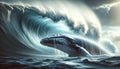 AI-generated illustration of A whale breaches a towering wave