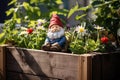 AI generated illustration of A whimsical gnome perched atop a rustic wooden box.