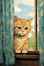 a cat looks out a window in a painting style, while the background is blue