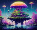 AI generated illustration of a whimsical pop-art anime illustration of a Japanese mushroom village