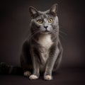 AI generated illustration of a whimsical portrait of a gray tuxedo cat against a dark background