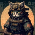 AI generated illustration of a whimsical steampunk cat wearing detailed armor