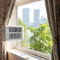 AI generated illustration of a white air-conditioning unit installed in a window frame