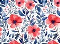 AI generated illustration of a white background with a watercolor pattern of red and blue flowers Royalty Free Stock Photo