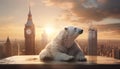 AI generated illustration of a white bear sitting atop a ledge overlooking the cityscape of London