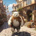AI generated illustration of a white bear walking down a city street carrying a backpack