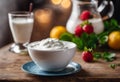 AI generated illustration of a white bowl filled with creamy yogurt next to a pitcher of milk