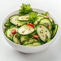 AI-generated illustration of a white bowl of sliced cucumber and herbs