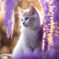 AI generated illustration of white cat with blue eyes surrounded by purple flower Royalty Free Stock Photo