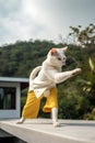 AI generated illustration of a white cat on the edge of a rooftop, balancing on its hind legs