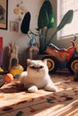 AI generated illustration of A white cat lounging beside a collection of brightly colored toys