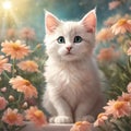 AI-generated illustration of A white cat standing in a garden of pink flowers