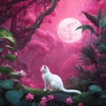 AI generated illustration of a white cat on a tree branch in a vibrant pink forest