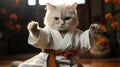 AI-generated illustration of a white cat wearing a karate uniform, ready to fight