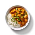 a white bowl filled with rice and a curry dish on top