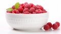 AI generated illustration of a white ceramic bowl filled with ripe red raspberries Royalty Free Stock Photo