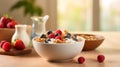 a bowl filled with cereal and fruit on top of a table Royalty Free Stock Photo