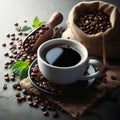 a cup of coffee sits on a plate with grains of coffee Royalty Free Stock Photo