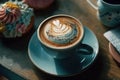 AI generated illustration of a white ceramic cup of freshly brewed coffee on a wooden table Royalty Free Stock Photo