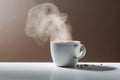 AI generated illustration of A white ceramic cup of steaming hot coffee sits atop a wooden table Royalty Free Stock Photo
